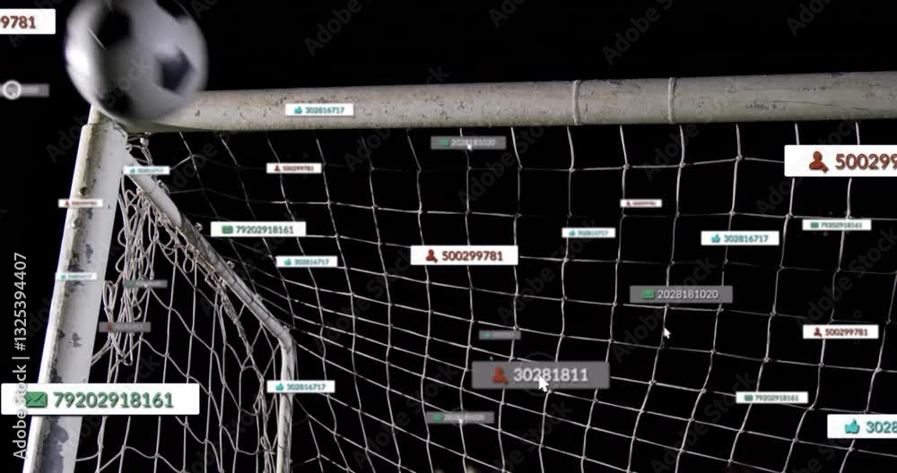 Poster animation of soccer ball hitting net with data tags and numbers displayed
