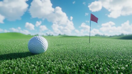 Obraz premium Golf ball resting on the green grass with a red flag in the background