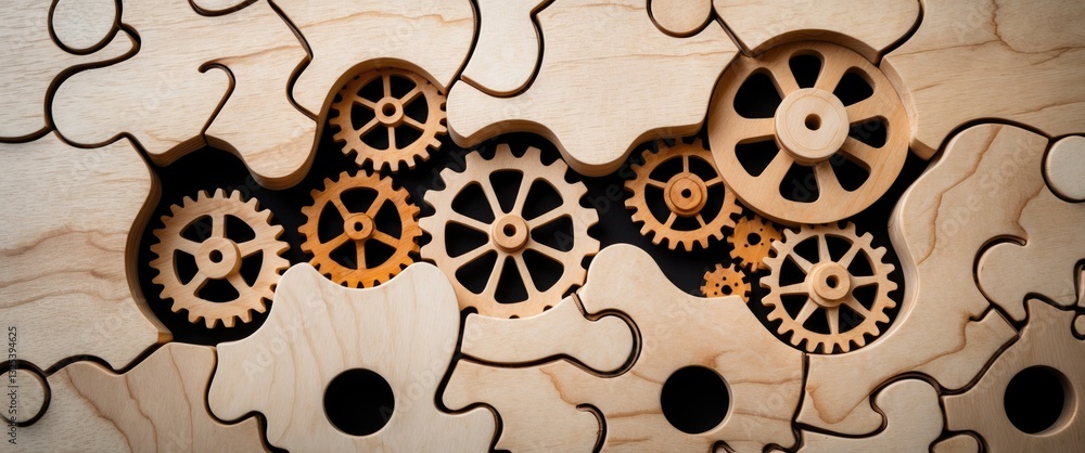 Poster solving the problem concept - puzzles and cogwheels. wooden gears beneath the puzzle, representing t