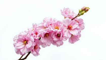 Fototapeta premium Delicate Pink Cherry Blossoms on Branch Against White Background