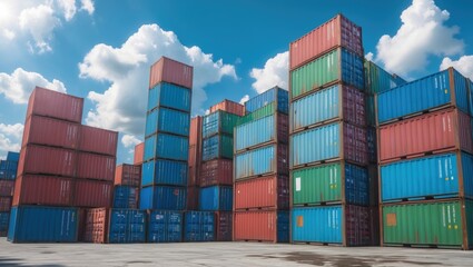 Fototapeta premium Stack of Cargo Containers on Ship in Harbor, Cargo Freight Shipping in Container Logistics Sector. Nautical Transport Distribution Facility, Business Commercial Dock and Transport.