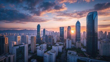 Obraz premium Skyline at twilight featuring office towers and condominium views from the rooftop. Downtown and business areas, including banks and finance in an Asian capital city.
