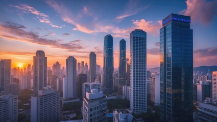 Fototapeta premium Skyline at twilight featuring office towers and condominium views from above, with sunset illuminating the downtown and business areas in an Asian capital city.