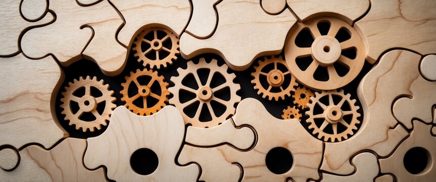 Solving the problem concept - puzzles and cogwheels. Wooden gears beneath the puzzle, representing the idea of advancing to the next level. Cog wheels emerging from under a jigsaw puzzle.