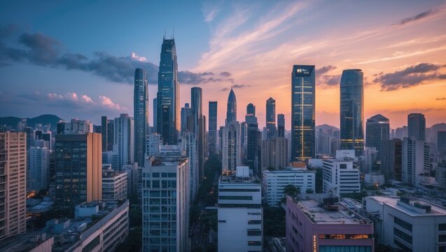 Fototapeta Skyline evening office towers residential condominium elevated view anime sunlight rooftop perspective Downtown and business office bank finance in Asian capital city