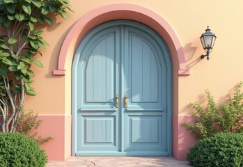 Obraz premium old wooden door in a stone wall, wooden door with a rounded top, painted in pastel colors