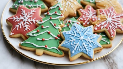 Decorated holiday sugar cookies plate of colorful Christmas cookies shaped like trees stars and snowflakes with intricate icing details