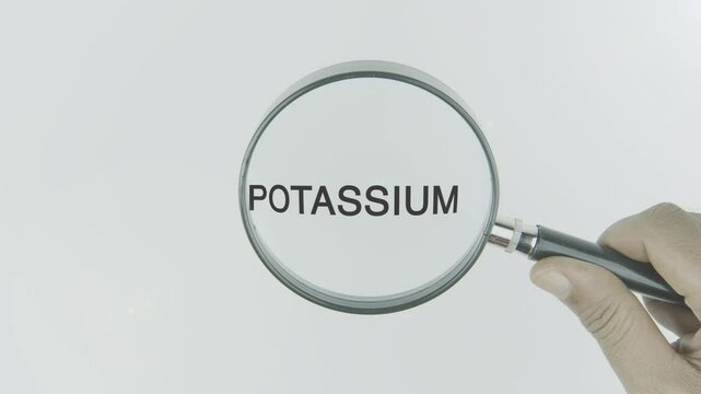 Potassium text or word highlighted by a magnifying glass in a hand on a white background, symbolizing focus on this essential mineral for health, muscle function, and electrolyte balance
