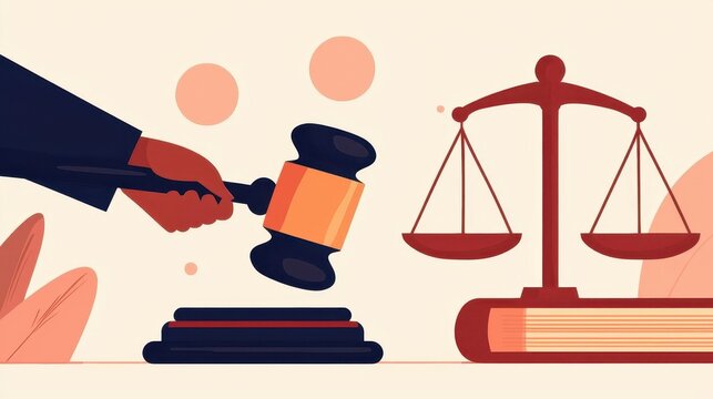 Judge raising a gavel in a court, with glowing legal icons such as law books, scales, and a constitution hovering above