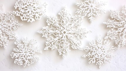 Delicate lace snowflake cutouts arranged artistically a white background intricate details creating an elegant winter aesthetic