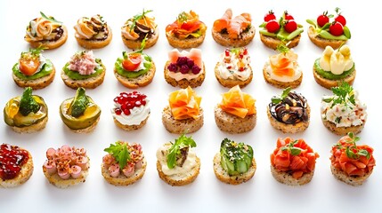 many different canapes on a white background