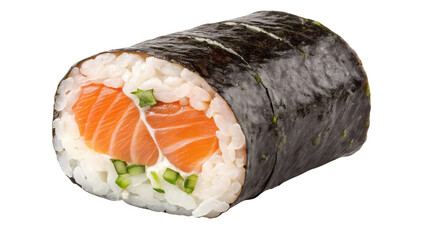 Realistic salmon maki sushi roll with fresh fish
Traditional Japanese cuisine featuring rice and seaweed wrap
on transparent background PNG

