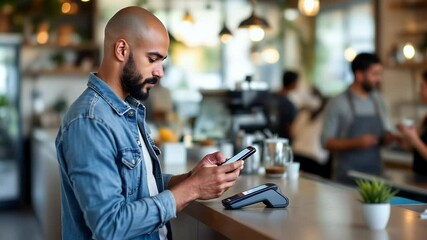 Young adult bald latino man making a contactless payment using his smartphone in a modern coffee shop, customer taking advantage of convenient digital transaction technology to pay for his purchase