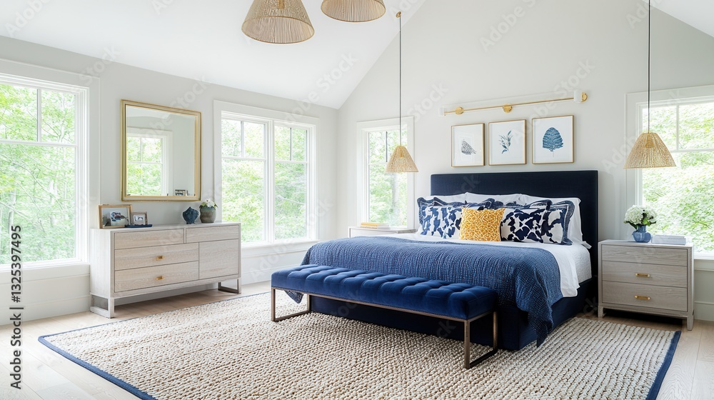 Poster This tranquil and well designed modern bedroom features a serene color palette clean lines and carefully selected natural elements that create a calming and inviting atmosphere