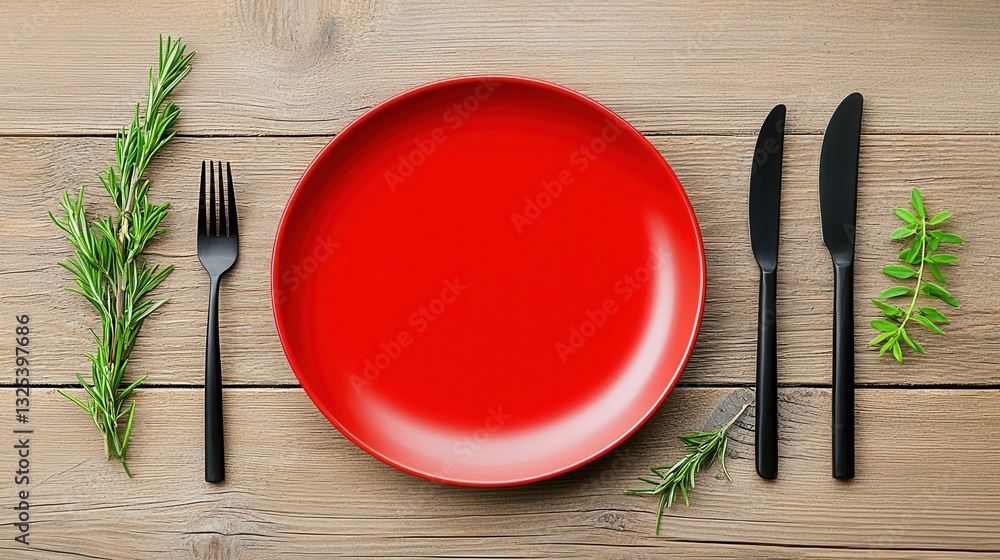 Poster a simple yet elegant dining setup featuring a vibrant red plate silverware and fresh herbs on a rust