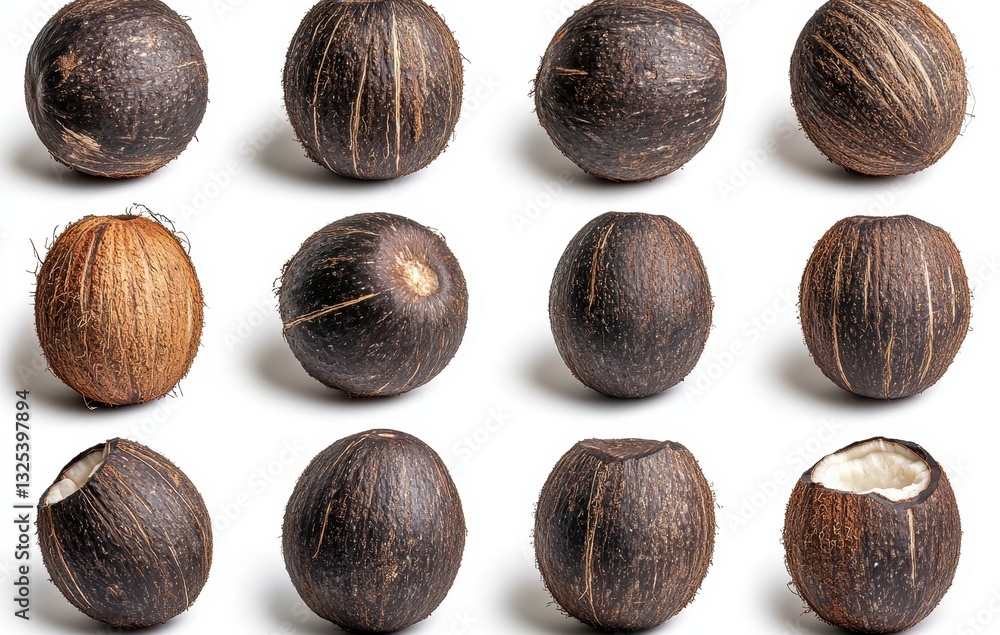 Poster detailed collection of natural brown seeds with different textures and patterns on a white backgroun