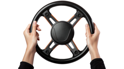 Woman holding steering wheel on transparent background