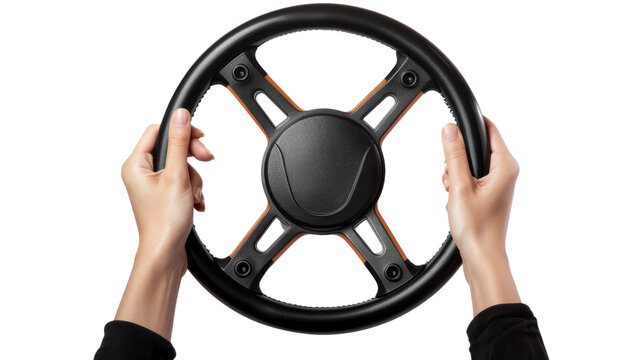 Woman holding steering wheel on transparent background