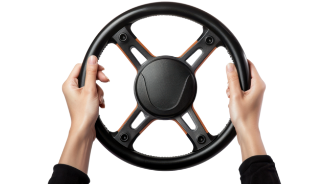 Woman holding steering wheel on transparent background