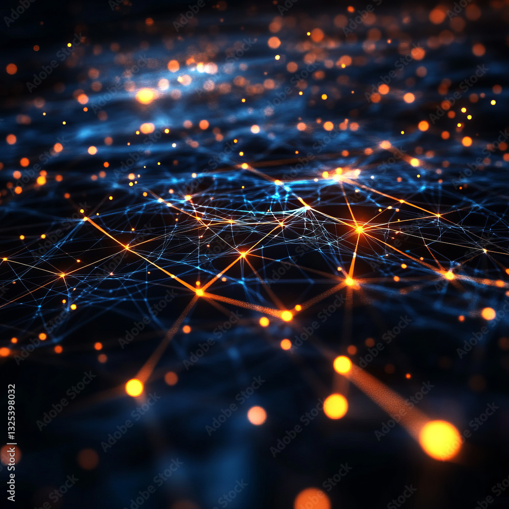 Poster glowing network of nodes and lines in a digital abstract landscape