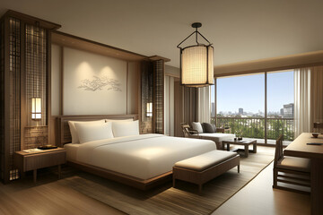 Serene Asian-Inspired Bedroom with City View, Featuring a King-Size Bed and Wooden Furnishings, Enhancing Relaxation and Tranquility.