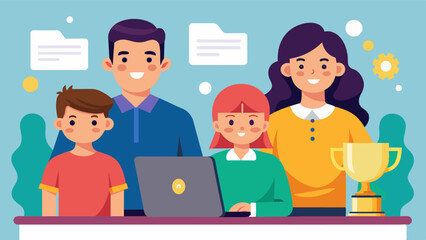 Parents looking on proudly as their children showcase their coding skills during a competitive challenge.. Vector illustration