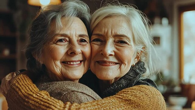 Beautiful senior women embracing and smiling, showcasing connection and happiness