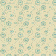 Fototapeta premium Minimalist teal floral line pattern with flowing abstract blossoms on a cream background. Perfect for wallpapers, textiles, and modern decorative themes.