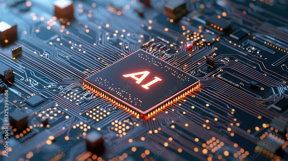 Poster a digital painting depicting the intricate electronic components and patterns of an advanced futuris