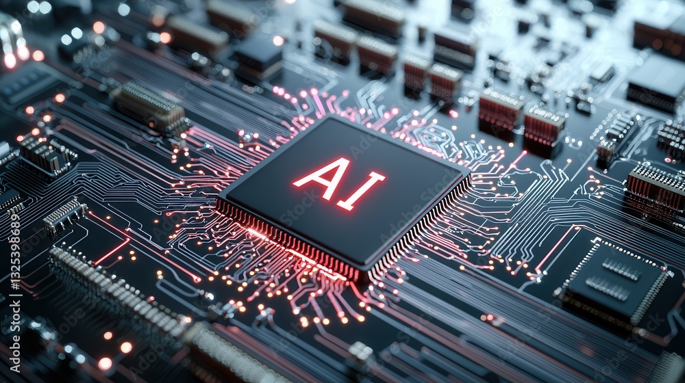 Poster an intricate digital circuit board with a central processor showcasing the power and complexity of m