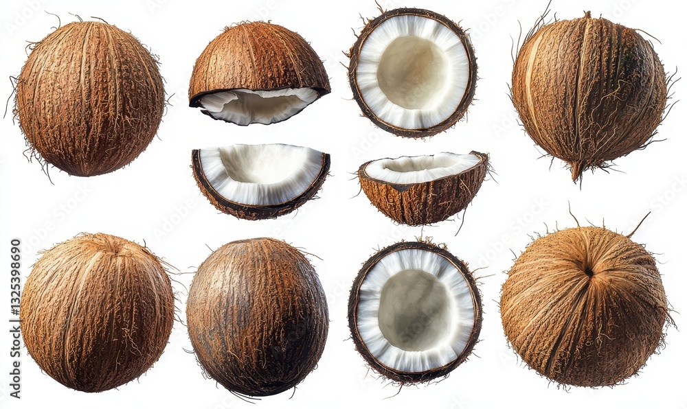 Poster different views and textures of coconuts showcasing rustic brown shells and creamy white flesh on a 