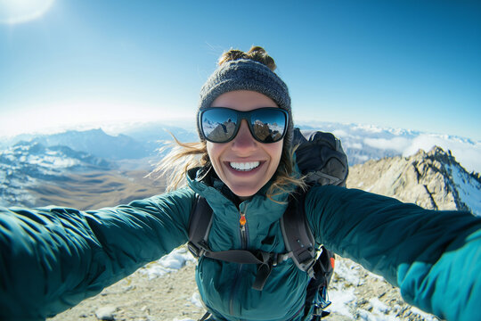 smiling female traveler takes selfie on snowy mountain peak, wearing sunglasses and winter jacket, with clear blue sky in background