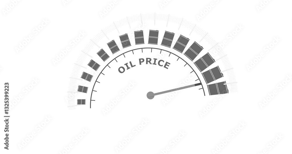 Poster oil price value measuring device with arrow, barrels and scale.