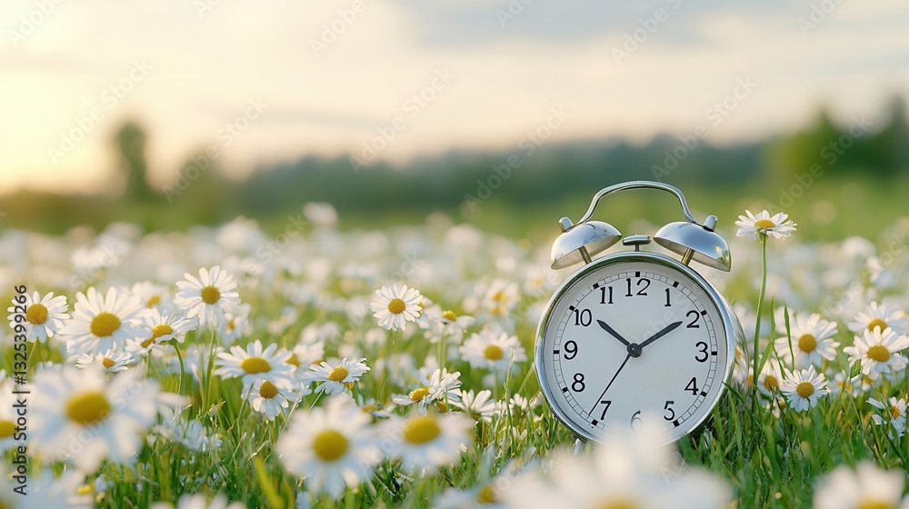 Poster a tranquil and nostalgic image showcasing an antique alarm clock nestled amidst a lush field of bloo