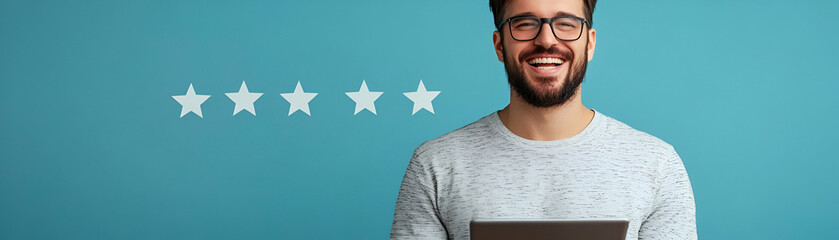Happy Customer Shows Five-Star Rating, Expressing Satisfaction with a Digital Service.