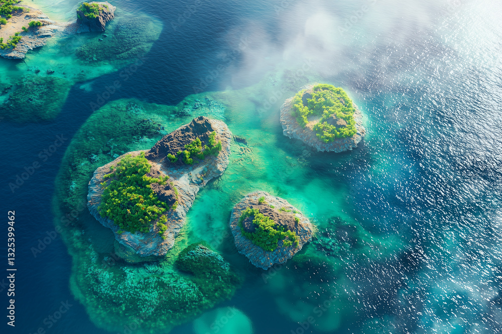 Poster aerial view of vibrant green islands surrounded by clear blue ocean water, with sunlight reflecting 