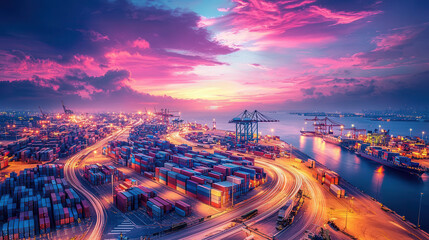 bustling logistics port at sunset, featuring organized rows of shipping containers and vibrant skies