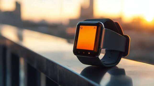 Modern smartwatch displayed on a railing at sunset with a city skyline in the background