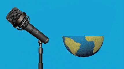 World Press Freedom Day, featuring a black microphone, with a graphic of the Earth, large earthpositioned against a solid, bright, canary blue background