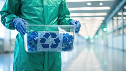 Technician in protective suit holding a container of recyclable material in a hospital hallway