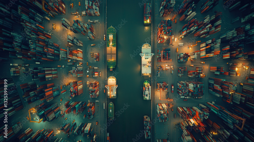 Aufkleber aerial view of bustling modern logistics port with container ships and stacked cargo. vibrant colors