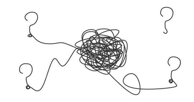 Process of solving, unleashing problems . From a complex problem to a simple business solution. Brainstorming animation. Question marks make thin line knot that transforms into an exclamation mark.