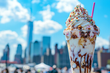 towering ice cream sundae with sprinkles and chocolate syrup is set against city skyline under bright blue sky