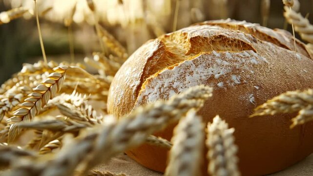 Golden wheat and freshly baked bread in sunlit field capturing harvest essence