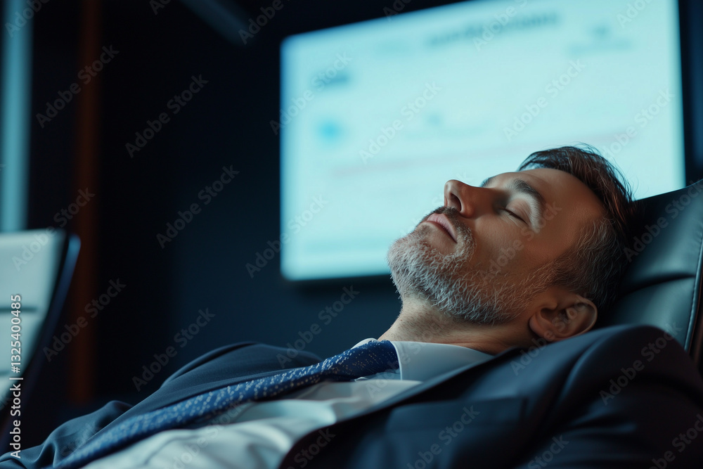 Poster man in business suit is napping in conference room, appearing relaxed and at ease. background featur