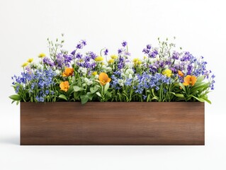 Colorful wildflowers in a brown wooden planter box on white background.