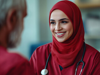 Candid image of Arab nurse in hijab smiling while helping patient. warm atmosphere highlights her professionalism and compassion in healthcare