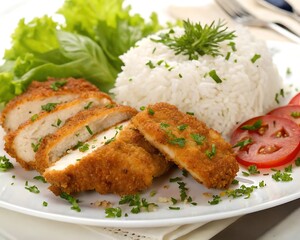 Golden Breaded Chicken with Fluffy Rice and Fresh Vegetables &ndash; A Balanced Meal