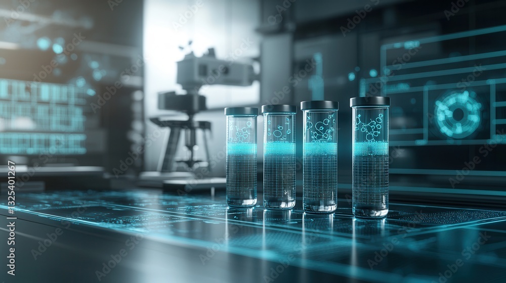 Poster a futuristic high tech laboratory setting featuring a sleek digital display and glowing test tubes f