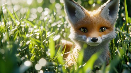 Fototapeta premium Cute fox resting in sunny meadow bokeh background
